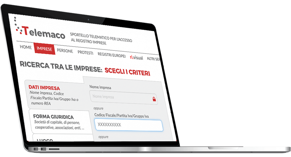 Nella homepage di Telemaco clicca sull’icona “IMPRESE” e inserisci il Codice Fiscale o la Partita IVA. 